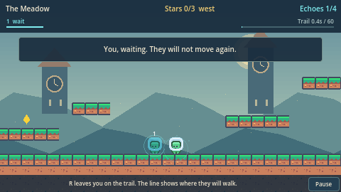 Yesterself's Clocklands: a player and cyan echo below grassy platforms, with clocktower silhouettes and replay timelines